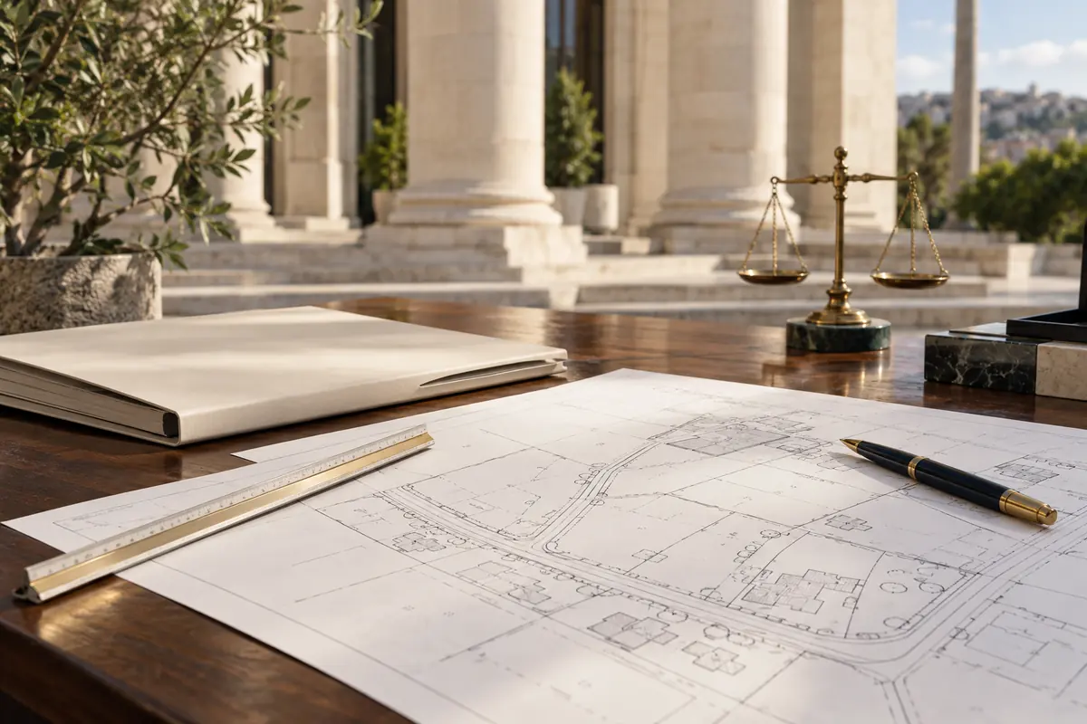 Plans, règle et balance de la justice devant les colonnes d’un palais de justice