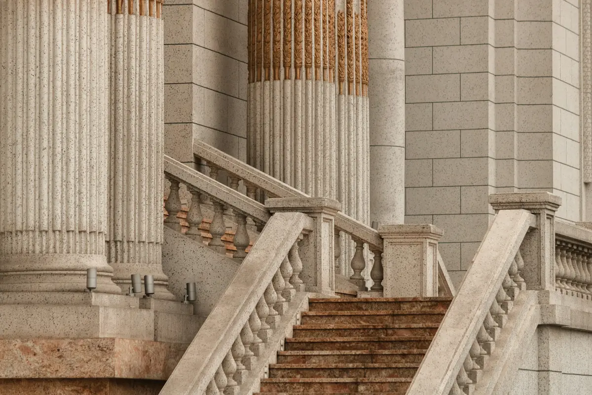 Columns and stone staircase of a public building